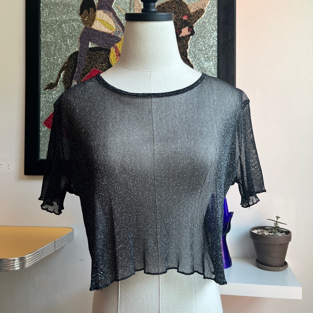 Y2K Sheer Black Shimmer Mesh Top | Metallic Short Sleeve Tee | M/L